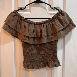Guess Brown Off-Shoulder Ruffle Crop Top